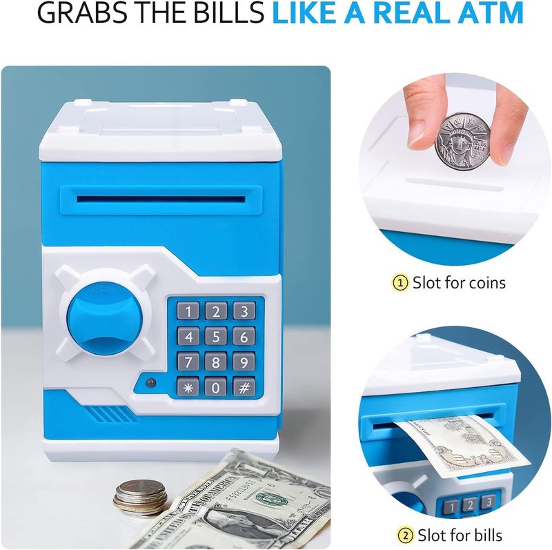 The Toys Home ATM Piggy Bank for Kids, Electronic Money Saving Box with 4-Digit Password Lock, Auto Grab Bill and Coin Slot, Blue and White Safe Box, Great Gift Toy for Boys and Girls (White-Blue) - Image 2